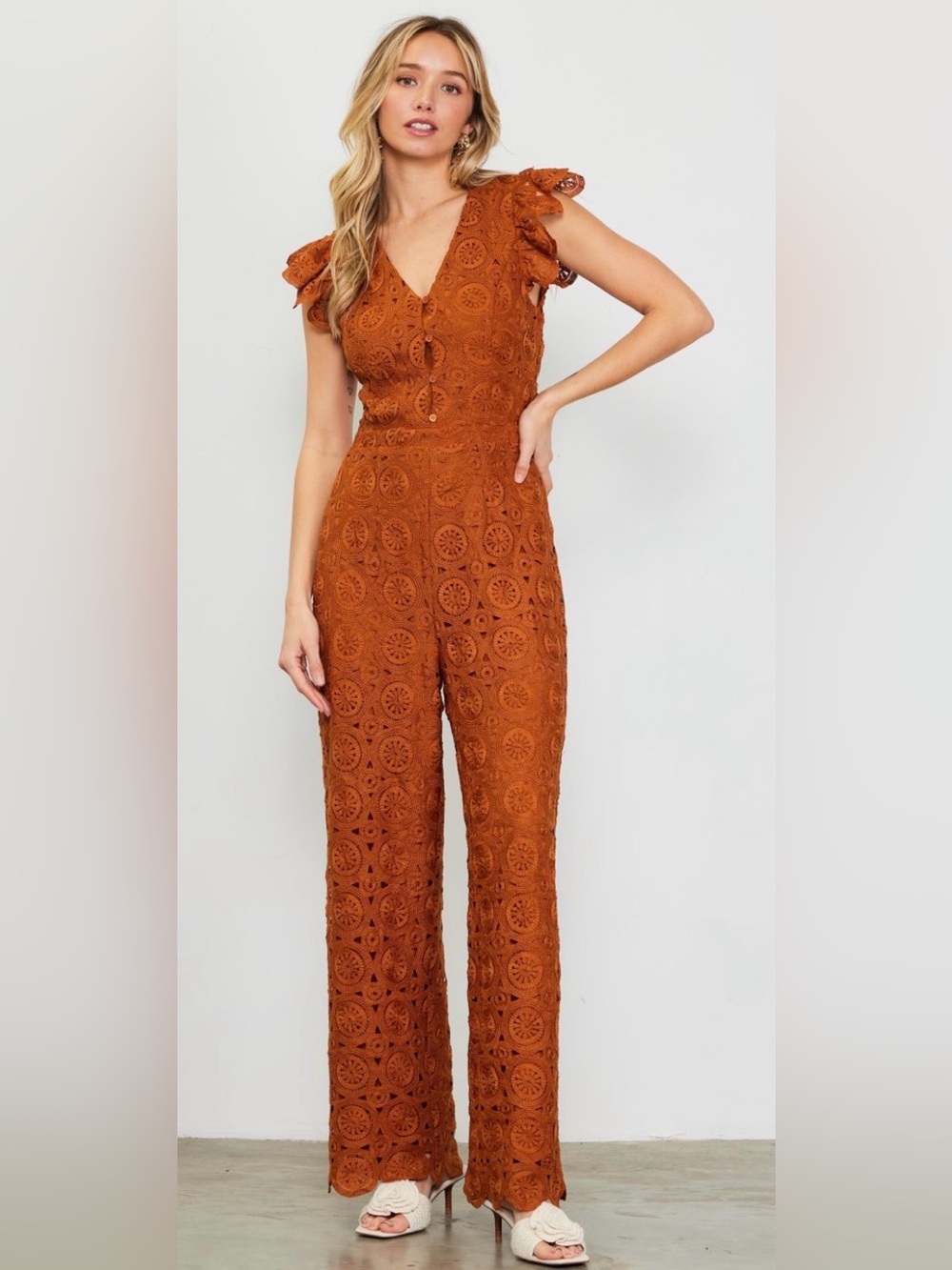 Skies Are Blue Crochet  Jumpsuit in Rust Size Large Boho Beach‎ Festival. NWT.